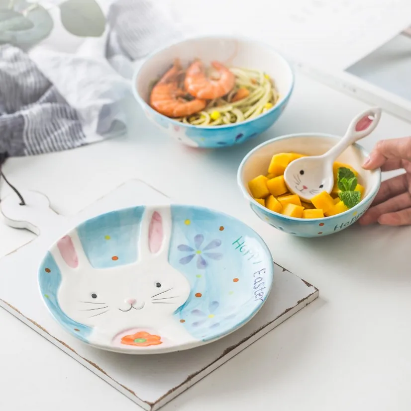 4 шт./компл. Японский милый набор керамических столовых приборов, чтобы чашка для еды ребенок мультфильм кролик Обезьяна свинья для завтрака домашняя творческая фруктовая тарелка