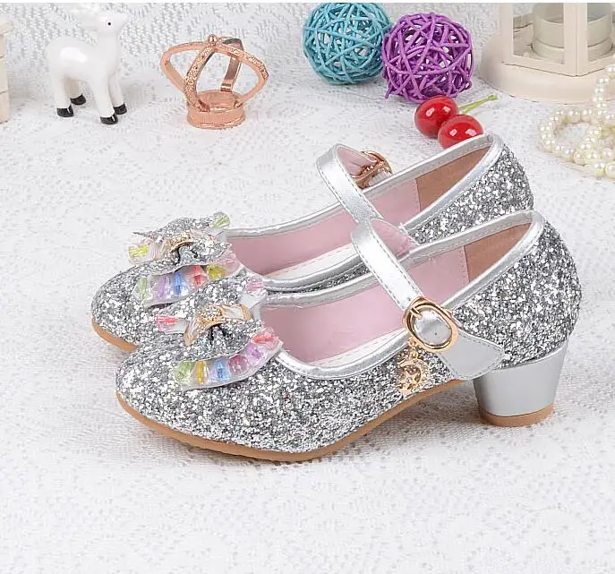 Children's Sequins Shoes Enfants Baby Girls Wedding Princess Kids High Heels Dress Party Shoes For Girl Pink Blue Gold - Цвет: Серебристый