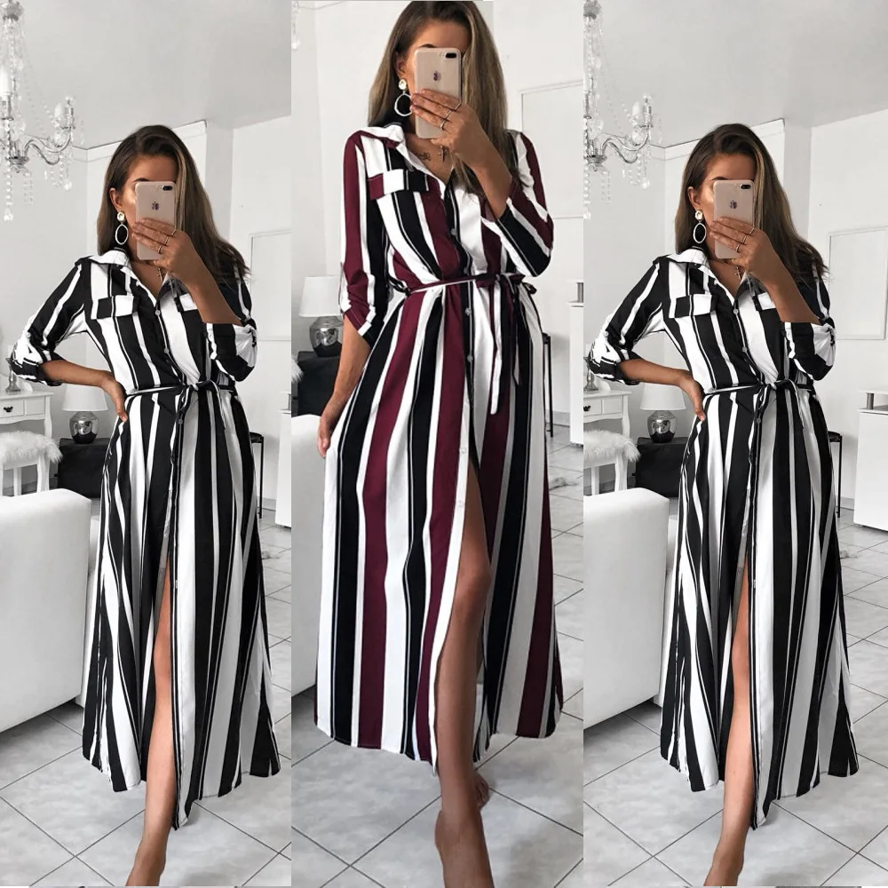 

Leo Rosi Stripe Maxi Dress 2019 Office Lady Turn-Down Collar Button Long Shirt Dress Women Autumn Summer Long Sleeve Dress DT59