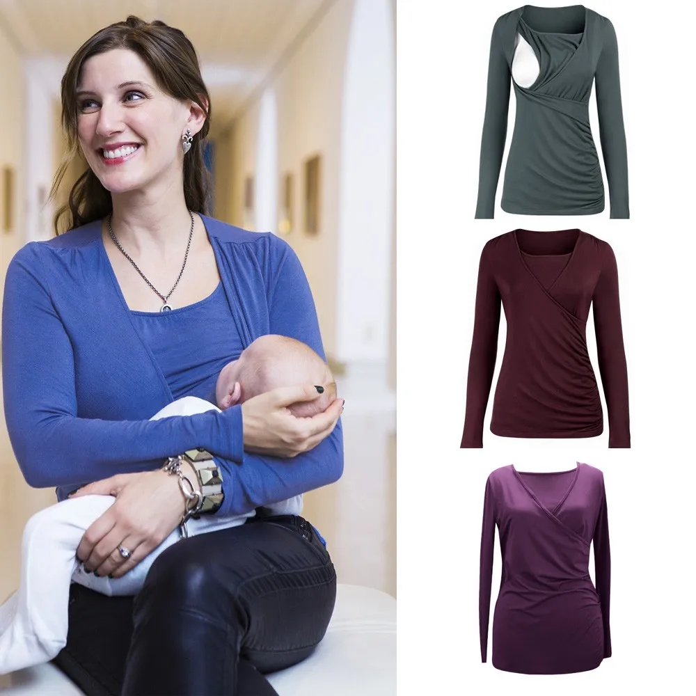 

Free Shipping Women Mom Fashion Convenient Pregnant Nursing Baby Maternity Long Sleeved Solid Tops Blouse Clothes Comfortable