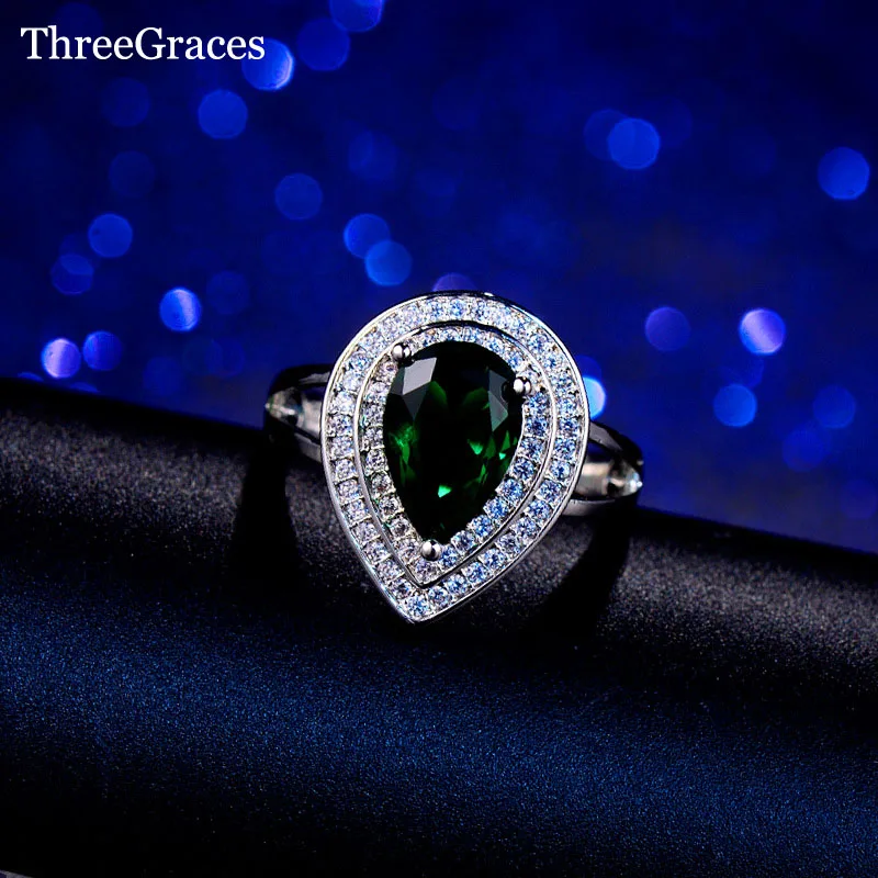 

ThreeGraces Classic Big Pear Cut Dark Green Cubic Zirconia Micro CZ Halo Engagement Rings Silver 925 Jewelry For Women RG059
