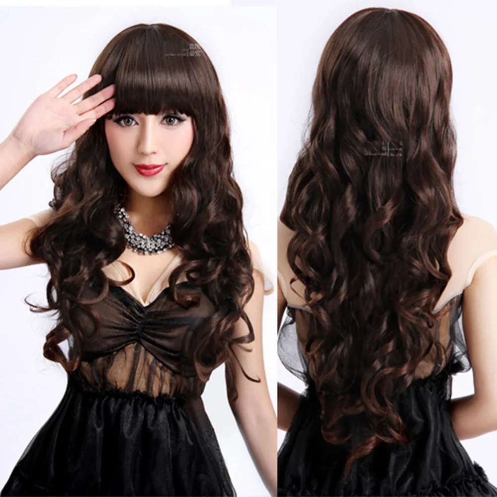  Ladies Long Curly Wavy Heat Resistant Cosplay Wig Women Natural As Real Hair Black Synthetic Wigs With Bangs Perucas Pelucas 