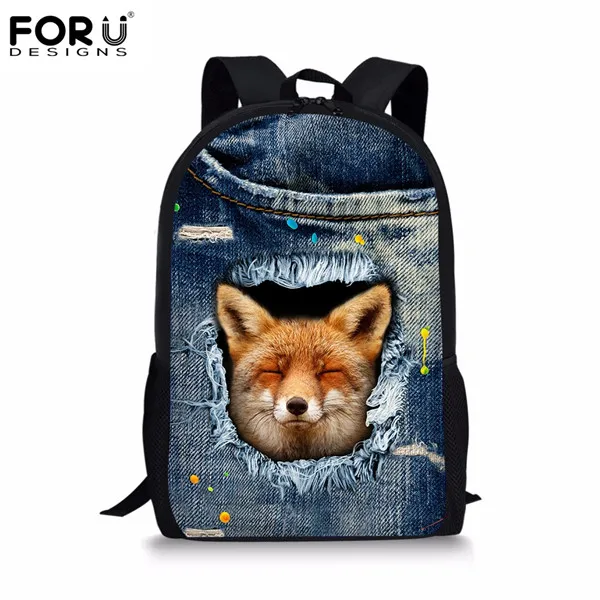 FORUDESIGNS Jeans Style Women Backpack School Backpacks for Teen Girls Canvas Cute Denim Animal Fox Print Children School Bags - Цвет: CC3706C