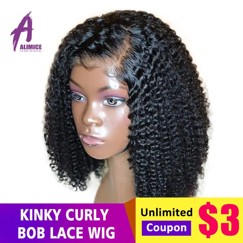 

Short Bob Kinky Curly Wig 13*4 Lace Front Human Hair Wigs Preplucked Hairline Peruvian Remy Hair Lace Wig Alimice Natural Black