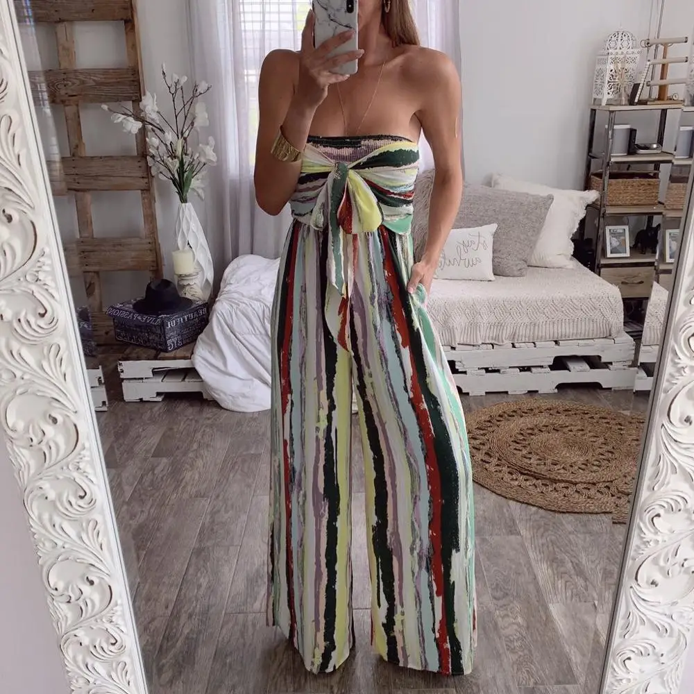 Fashion Striped Off Shoulder Jumpsuits Women Print Blackless Summer Ladies Rompers Bow Casual Overalls Loose Beach Playsuit Fashion Striped Off Shoulder Jumpsuits Women Print Blackless Summer Ladies Rompers Bow Casual Overalls Loose Beach Playsuit