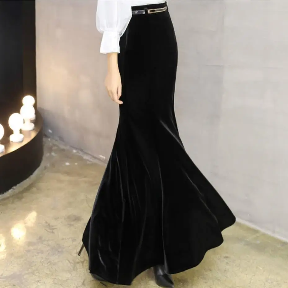 Осенне-зимняя теплая юбка макси размера плюс 5XL, Женская винтажная бархатная черная длинная велюровая юбка русалки