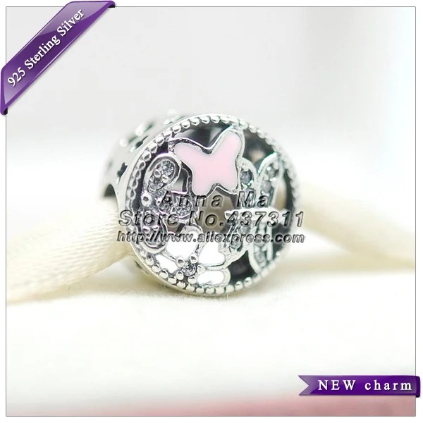 2016 S925 Sterling Silver Springtime Charm with White Pink Enamel and Clear CZ Clip Beads Fit