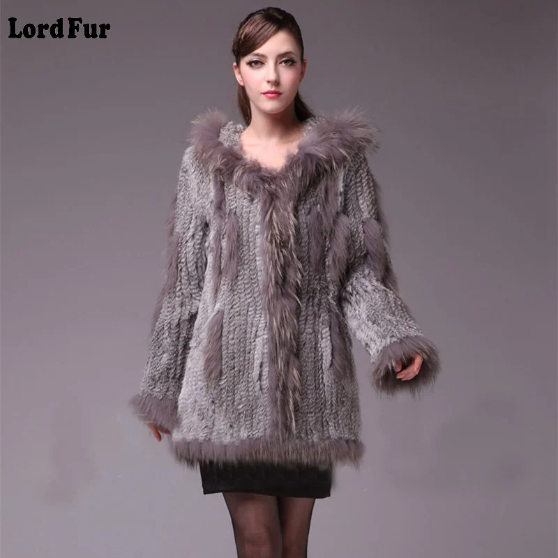 TopFurMall) Женская куртка из натурального меха кролика толстовка с мехом енота зимняя натуральная женская меховая верхняя одежда приталенное пальто LF9043