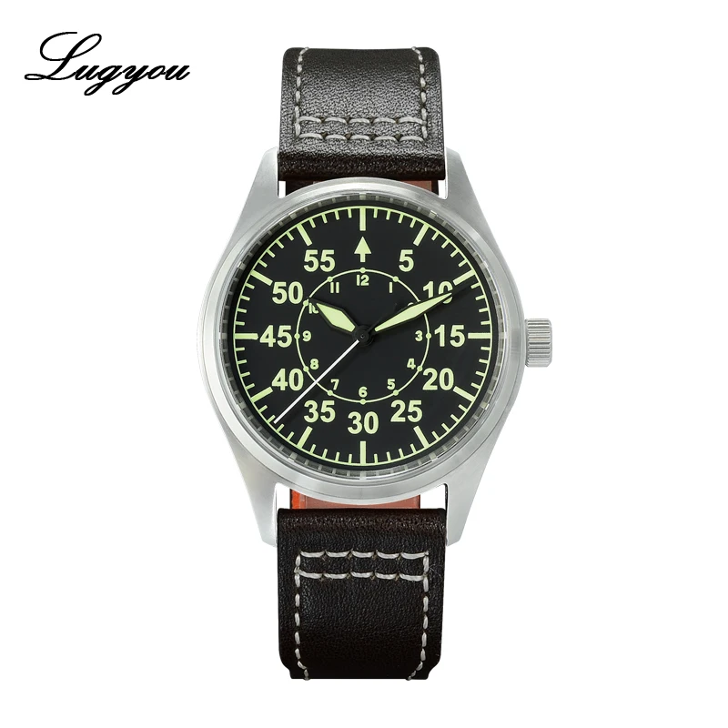 

LUGYOU San Martin Watch Pilot Flight for Men Automatic Watch Stainless Steel 20Bar NH35 Leather Strap C3 Green Luminous 39mm