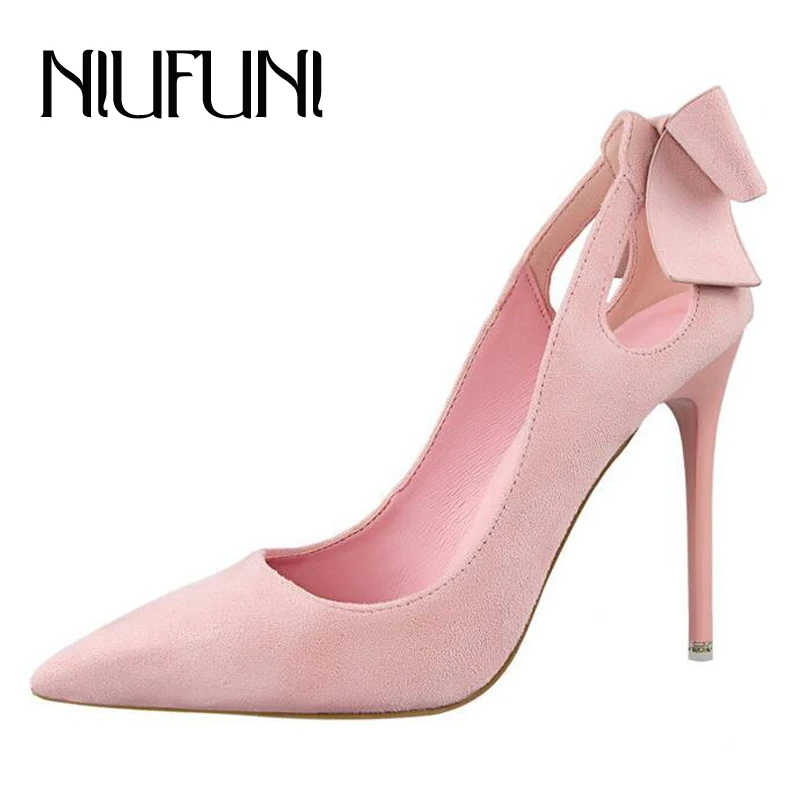 

Pointed Toe Sexy Womens High Heels Shoes Butterfly Knot Flock Ladies Office Shoes Shallow Fashion Pumps Wedding Shoes