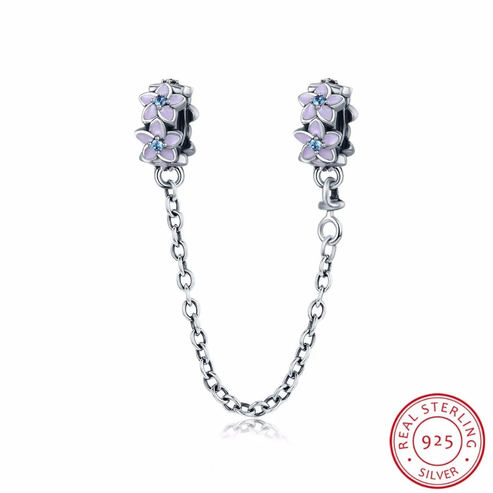 

100% 925 Sterling Silver Purple Enamel Daisy Flower Safety Chain Stopper Charm fit Charm Bracelet DIY Jewelry SCC602