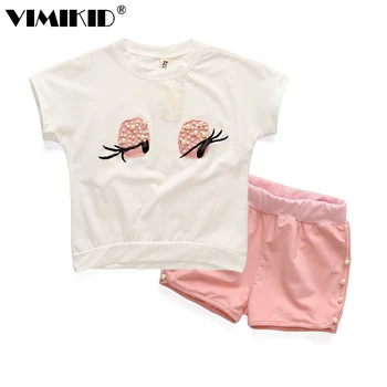 

VIMIKID Beautiful flower children's wear in the summer of 2016 + shorts two-piece pearls big eyes eyelash of the girls