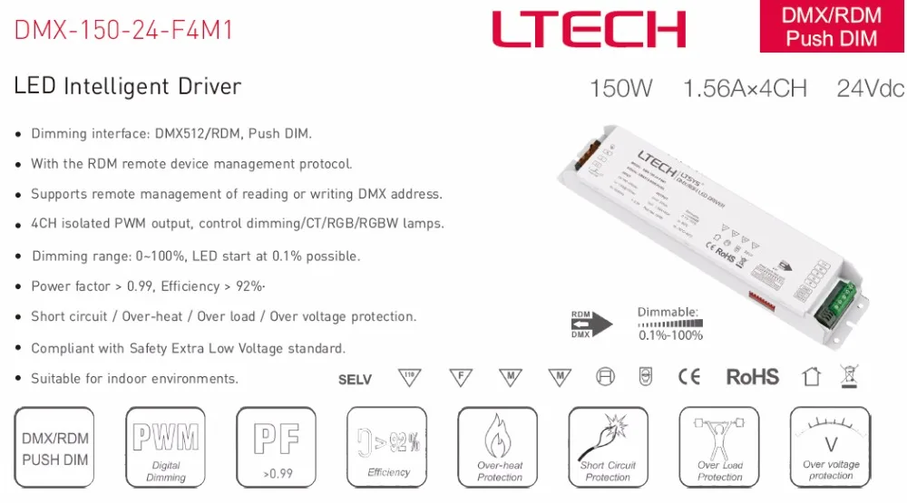 Светодиодный контроллер фирмы ltech DMX затемнение драйвер; 150 W DMX светодиодный CW драйвер; AC100-240V вход 12 V 12.5A 24 V 6.25A 150 W 4 канальный выход