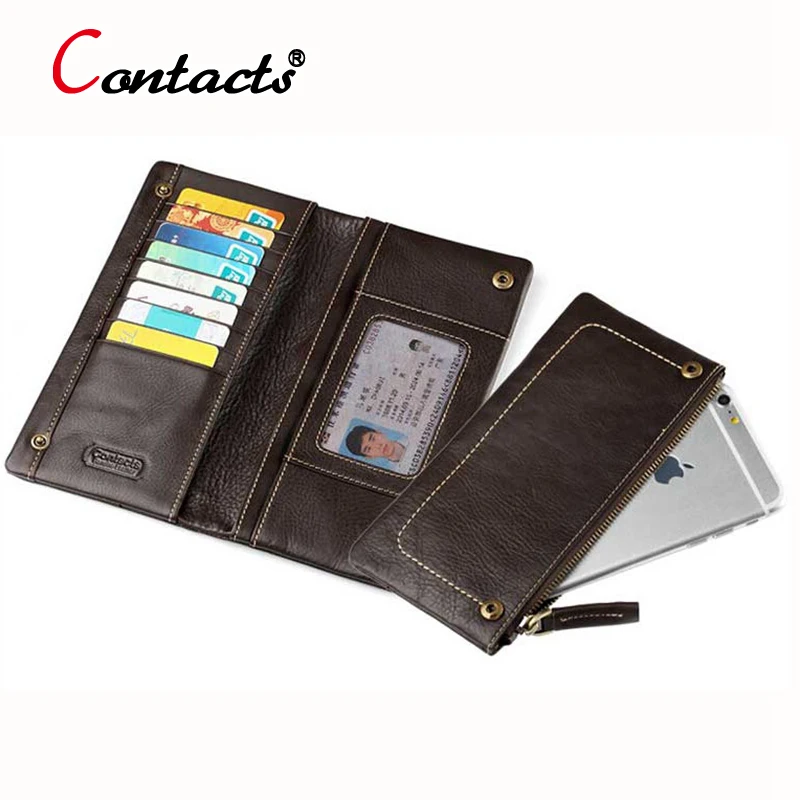 

CONTACT'S Vintage genuine leather men wallets long purses men clutches Multifunction men wallet high quality Zipper money clip