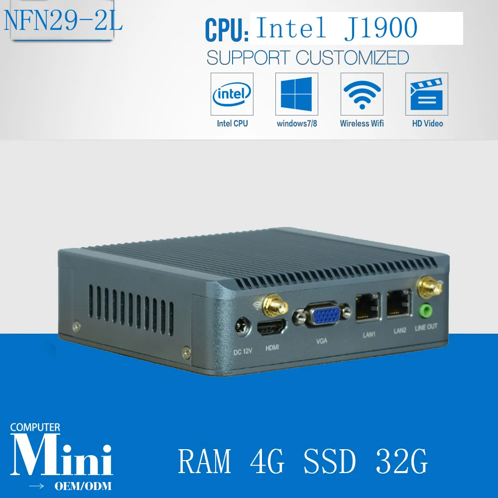 Bay Trail Celeron J1900 NANO MINI PC безвентиляторный Dual LAN порт тонкий клиент Win 7/Ubuntu/Linux Desktop 3G WI-FI с Оперативная память 4 г SSD 32 г