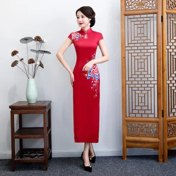 

2019 Long Cheongsam Vintage Chinese style Mandarin Collar Dress Womens Summer Rayon Qipao Slim Party Dresses Vestido S-4XL