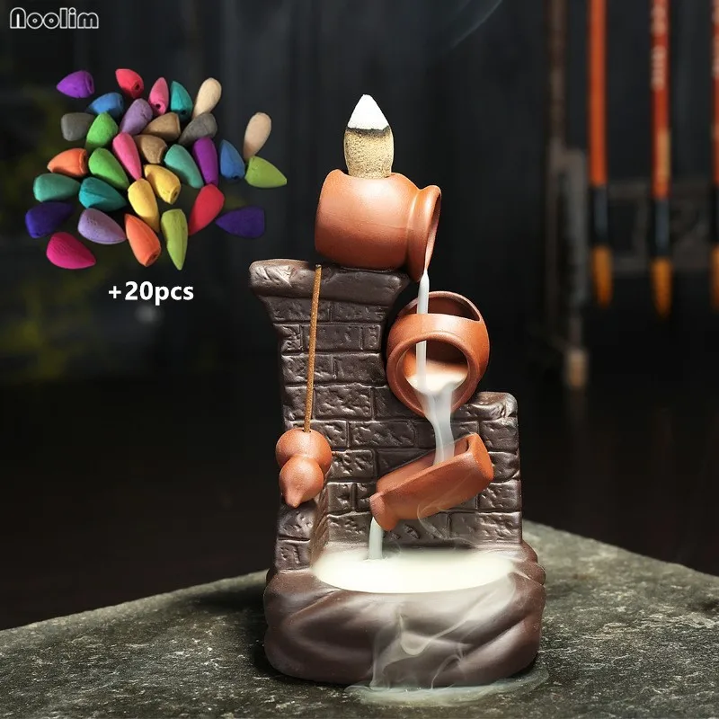 

Ceramic Backflow Incense Burner Home Decor Aromatherapy Censer Creative Moon Mountain and Flowing Water + 20pcs Incense Cones