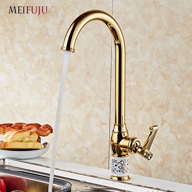 

MEIFUJU Gold Kitchen Faucet Mixer Cold and Hot Kitchen Tap Single Hole Handle 360 Rotate Crane Ceramic Swivel Sink Mixer Tap