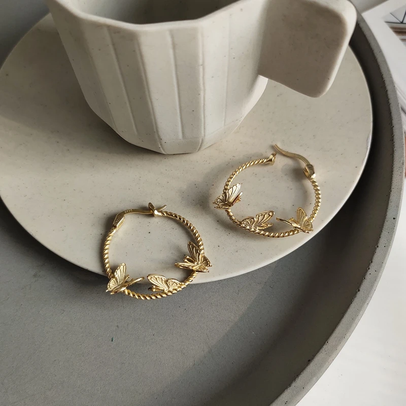 Элегантные серьги-кольца, позолоченные, 3 мини-серьги-бабочки для женщин, 925 пробы, серебряные, закрученные, с пряжкой, вечерние серьги
