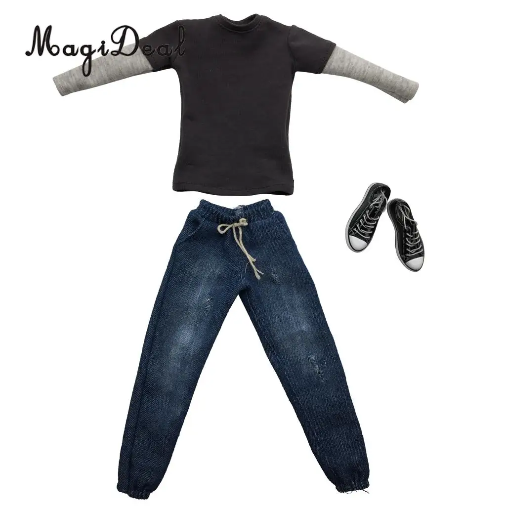 MagiDeal Cloth 1/6 Scale Mens Clothes Dark Gray Long T-shirt Denim Jeans Canvas Shoes Set for 12 Inch Male Action Figures Body