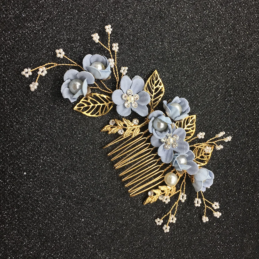 Kmvexo Luxury Pink Blue Flower Hair Combs Headdress Prom Bridal