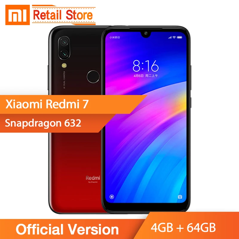 Оригинальная версия мобильного телефона Xiaomi Redmi 7 Redmi7 4 GB 64 6 26 ''Snapdragon 632 12 MP + 8MP