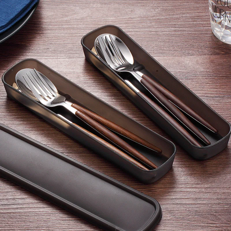 1 набор столовых приборов, вилки+ ложки+ Ножи с пластиковой коробкой, портативный набор посуды с деревянной ручкой для путешествий