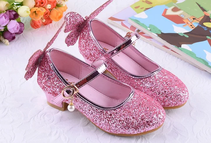 

2017 Hot Kids Girls High Heels For Party Sequined Cloth Blue Pink Shoes Ankle Strap Snow Queen Children Girls Pumps Shoes 26-37