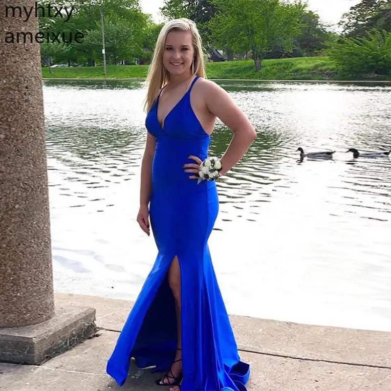 

Sexy V-neck Royal Blue Plus Size Evening Dress Sleeveless Front Split Full Length Women Formal Party Gowns 2021 Robe De Soiree