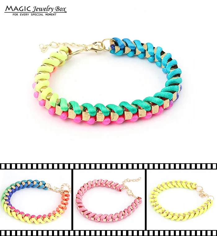 

New Fashion Ladies Braided Metal Box Chain Bracelet Women Gold Filled Chains Neon Colored Satin Cord Rope Bracelets Jewellery