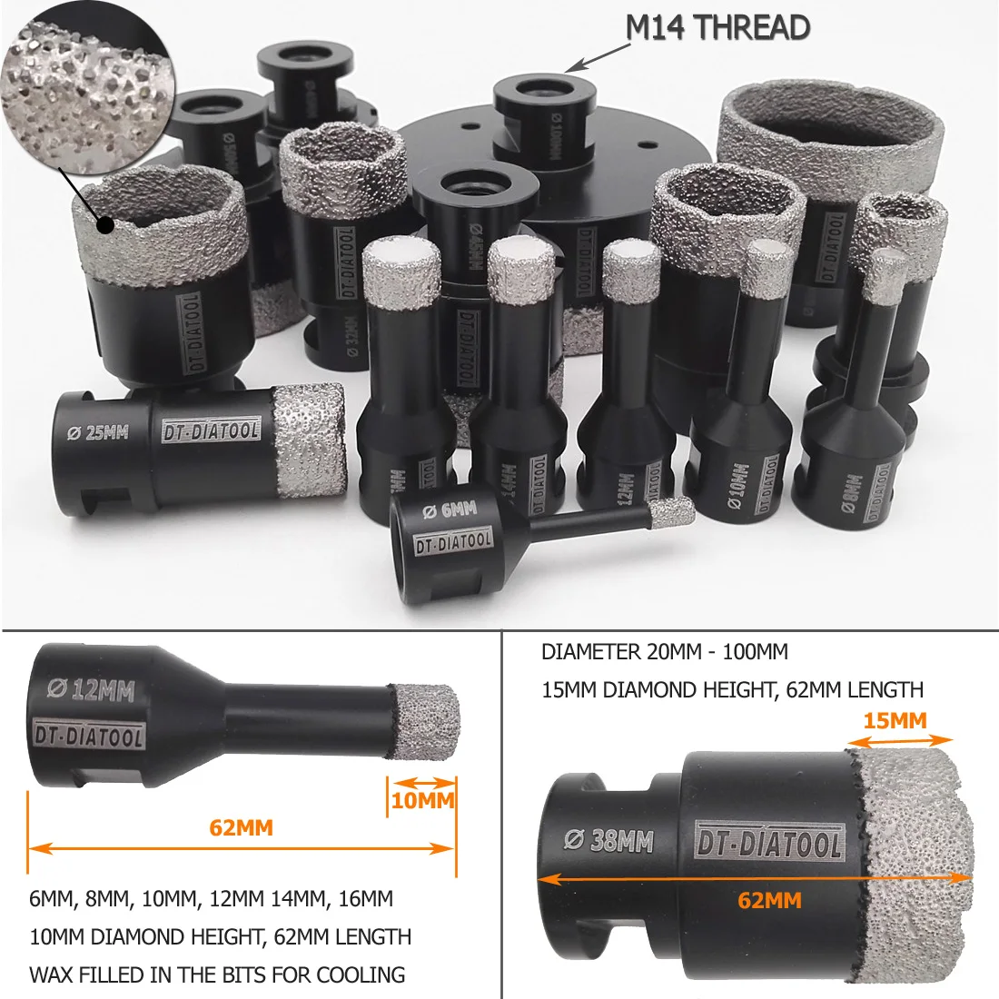 DT-DIATOOL 68 мм сухой вакуумной пайки Алмазные сверла коронки отверстие пилы профессиональное сверление гранита мраморной плитки M14 резьба