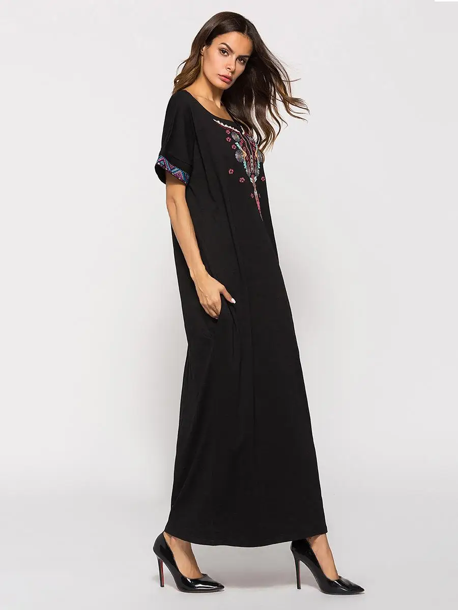 Женское мусульманское длинное платье с короткими рукавами и вышивкой, абайя, круглый вырез, вечерние коктейльное платье, повседневная одежда, ислам, этнические карманы
