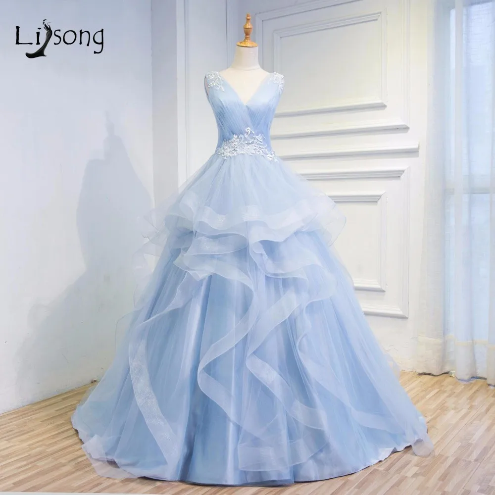 Light Blue Tiered Evening Dresses Ball Gowns vestido de festa Women