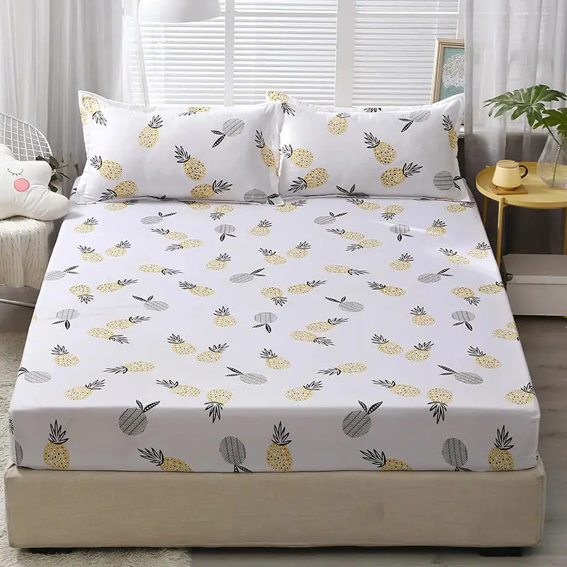 Bed Fitted Sheet with 2 Pillowcase Pineapple Printed Single Queen King Size Bed Linen Mattress