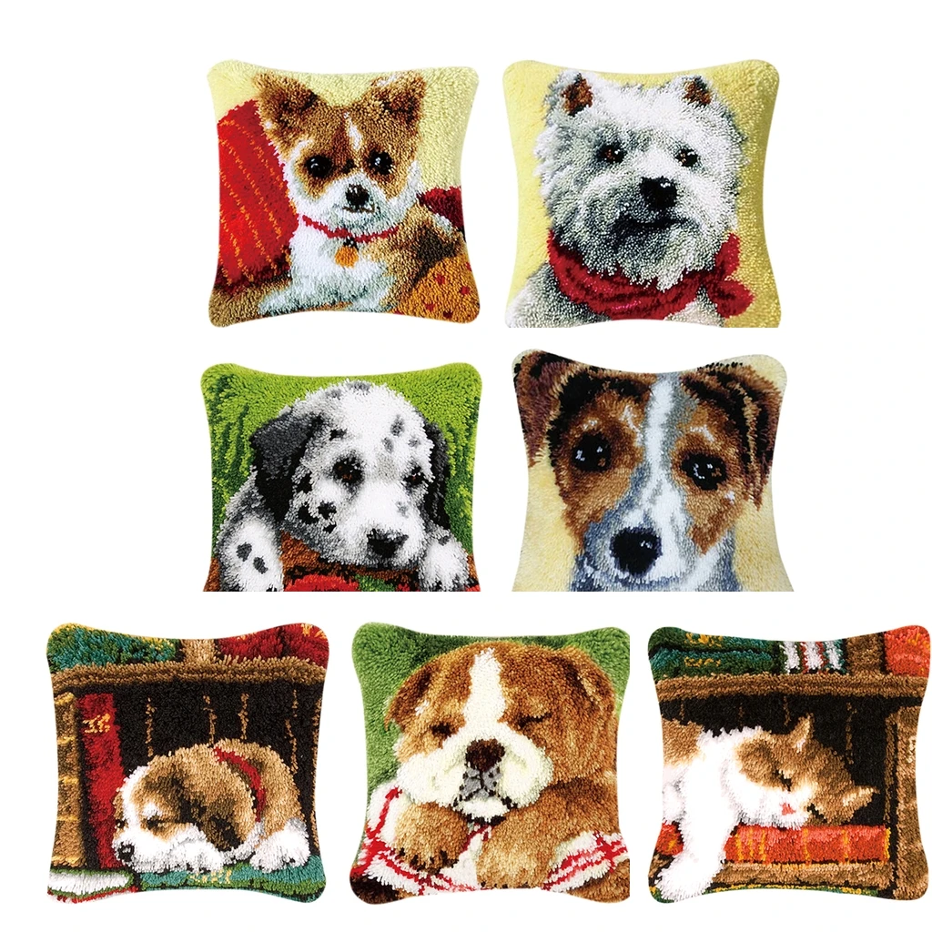 Cushion Latch Hook Kits for Kids Beginners Embroidery Cat Dog Pillow Cover Rug Making Kits Christmas Gifts
