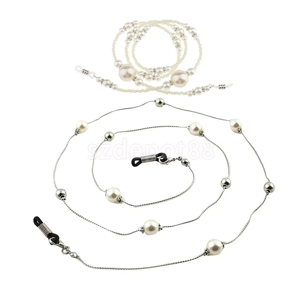 2pcs Sunglasses Chain Reading White Beaded Pearl Glasses Chain Eyewear Neck Lanyard Non-Slip Eyeglasses Holder Strap 