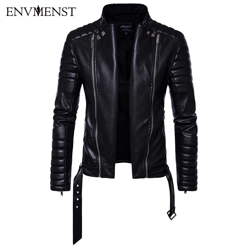 Envmenst новая мода осень досуг стенд воротник мотоциклетная куртка PU мужской полосатый плечо рукава искусственная кожа куртка