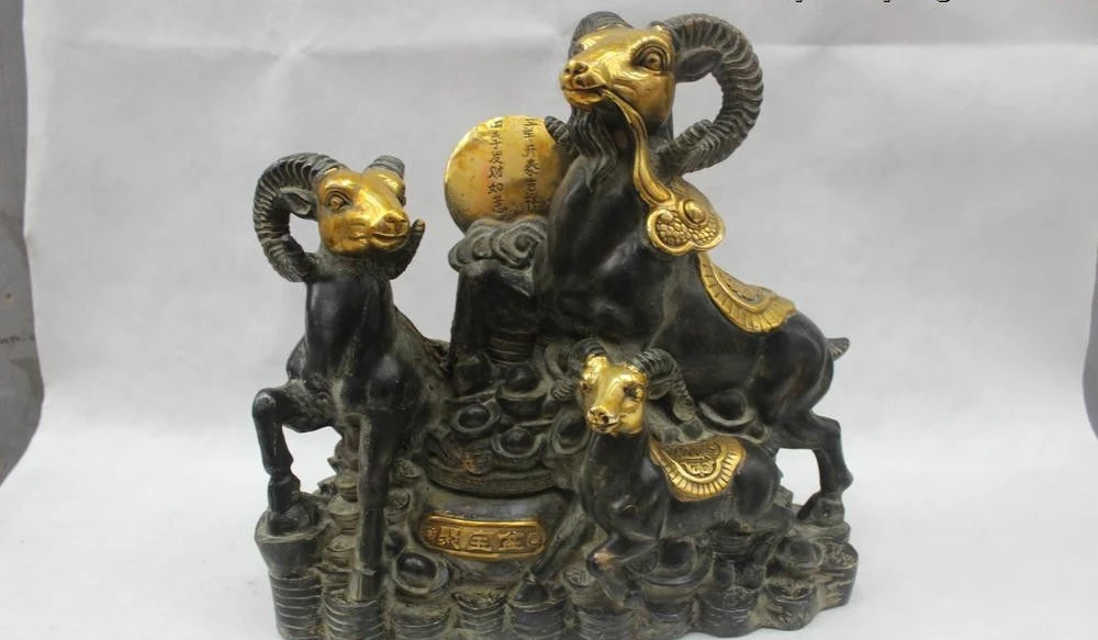 

14"Chinese Folk Pure Bronze Lucky Lifelike Money drawing Three Sheep Statue