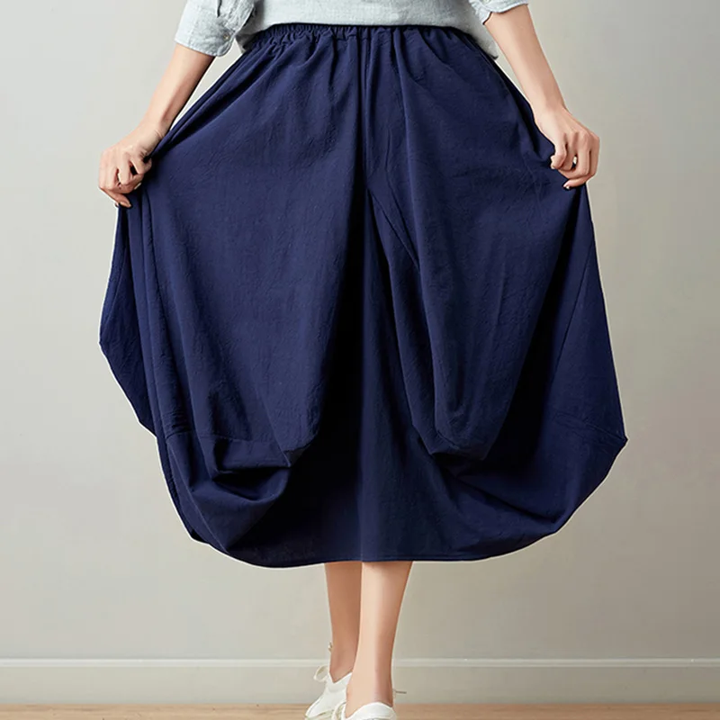 Женские юбки из хлопка и льна, новинка, летняя Однотонная юбка в национальном стиле, женская одежда в стиле ретро, свободная Женская юбка-фонарик, WYT887 - Цвет: dark blue