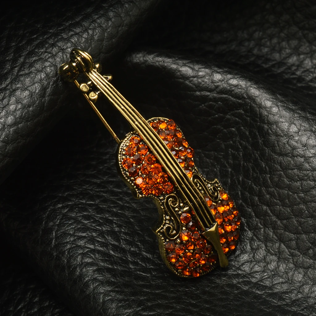 Women Men Retro Crystal Rhinestone Violin Cello Music Instrument Brooch Pin