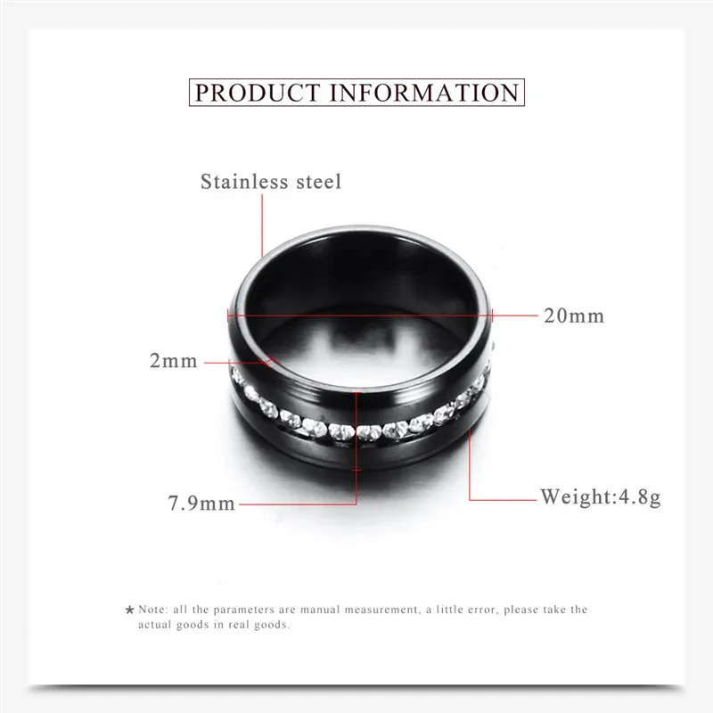 Modyle 2019 New Black and Silver Color Titanium Stainless Steel One Row CZ Stone Wedding Engagement Rings for Woman Men