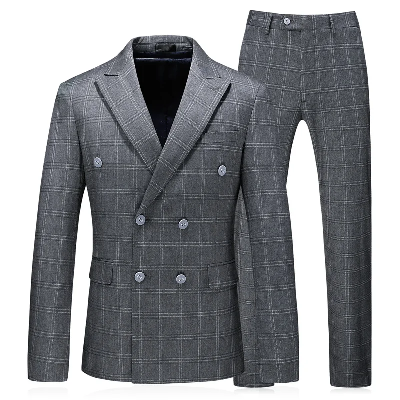 MarKyi fashion double breasted mens gray suits plus size 5xl plaid suits for men wedding costume mariage homme  