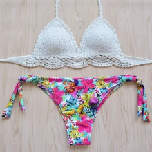Sexy Handmade Crochet Bikini Cotton Crop Top bikinis Knitted Swimwear Women Bikini Brazilian Beach Swimsuit Cover Up