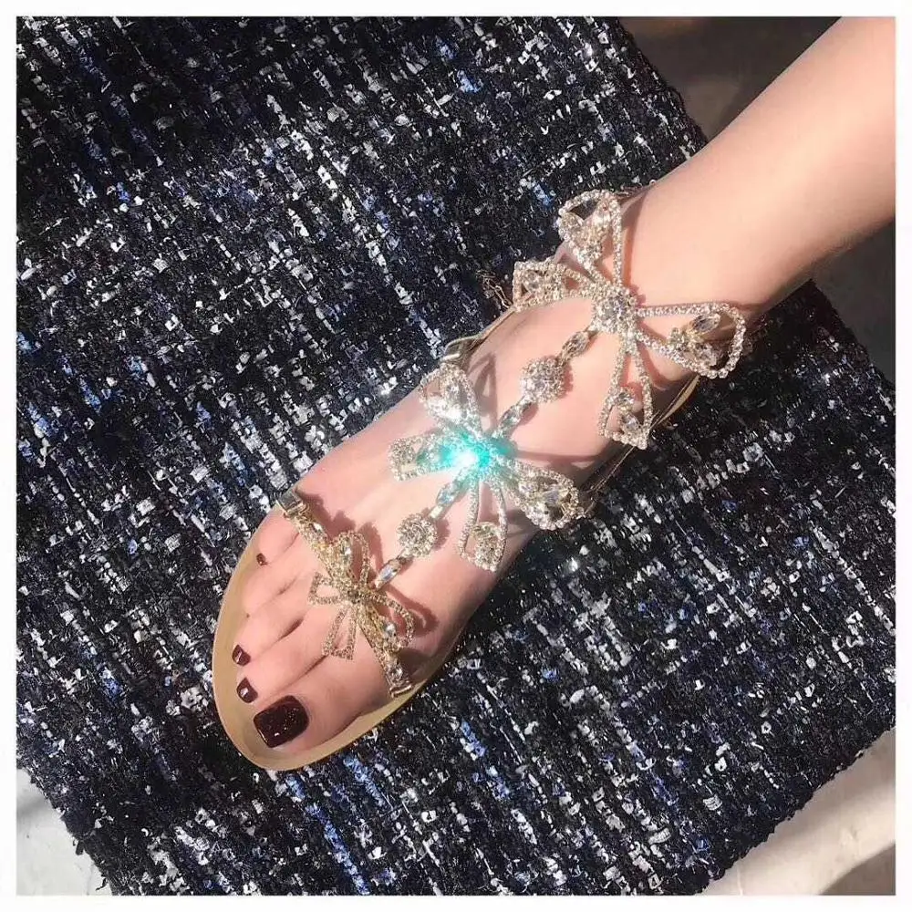 

New Arrival Crystal Butterfly-knot Hollow Out Women Sandals Buckle Straps String Bead Woman Sandals Runway Female Summer Shoes