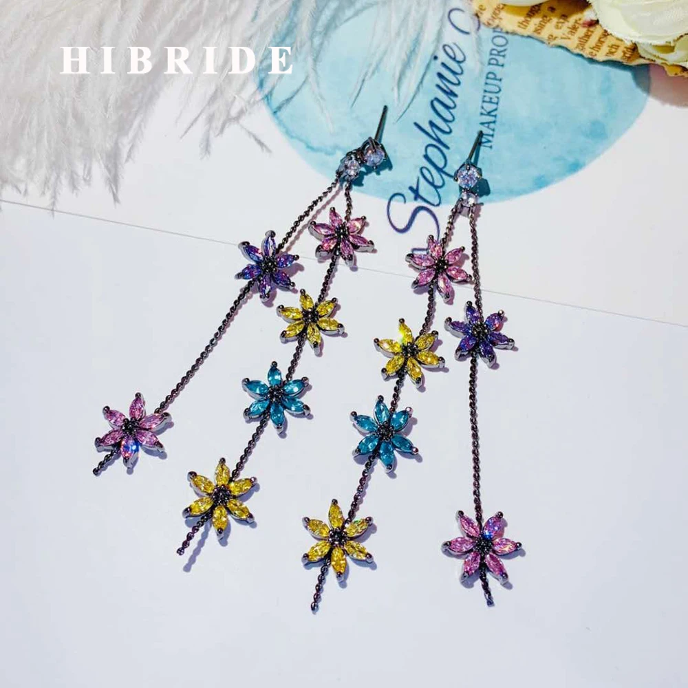 

HIBRIDE Luxury Flower Design Long Drop Drop Earring Black Gun Color AAA CZ Brincos Jewelry Party Gifts Wholesale Price E-946