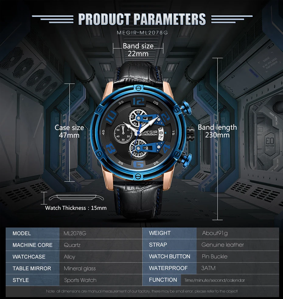 MEGIR спортивные мужские часы, кварцевые хронограф, кожа, мужские часы, многофункциональные, водонепроницаемые, армейские, синие, наручные часы, Relogios Masculino