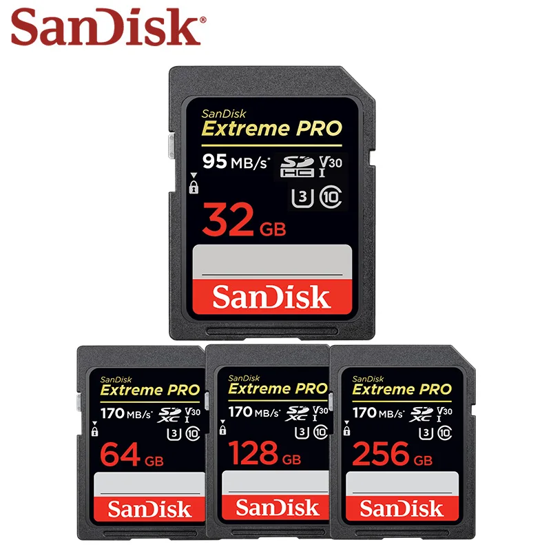 Двойной Флеш-накопитель SanDisk Extreme PRO SD карты 128 Гб 64 Гб оперативной памяти, 32 Гб встроенной памяти, 256 ГБ Карта памяти SDHC карты UHS-I высокое Скорость 170 МБ/с. Class 10 V30 SD карты для Камера