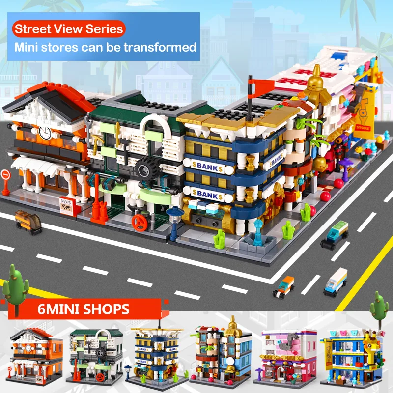DHL 6 комплектов Panlos Toys серия уличных зданий автостанция гараж городской банк