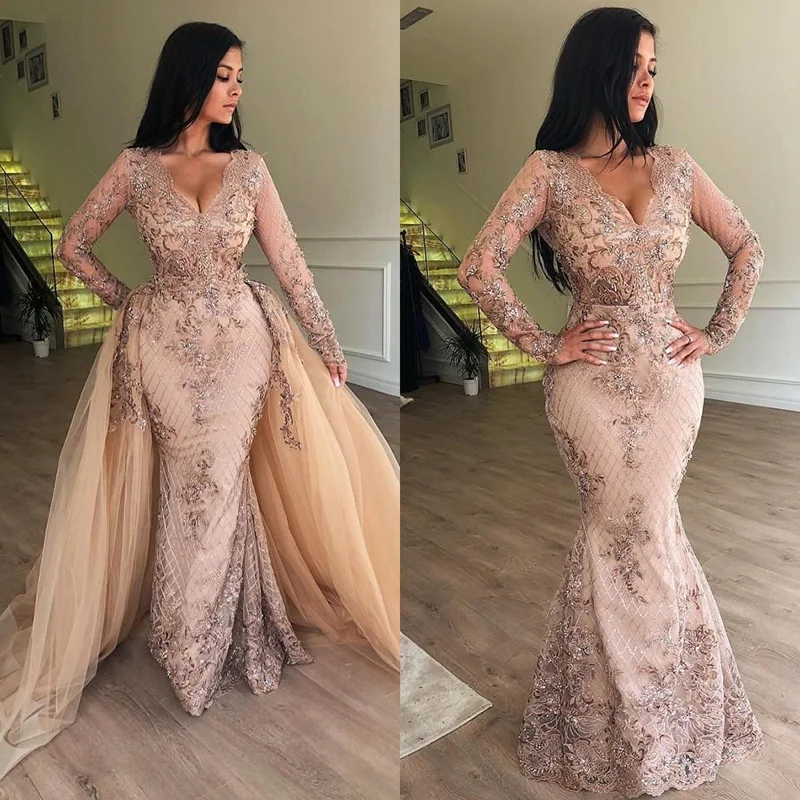

Elegant V-Neck Long Sleeves Tulle Evening Dresses 2019 Sexy Mermaid Applqiues Evening Dresses with Detachable Skirt Fashion