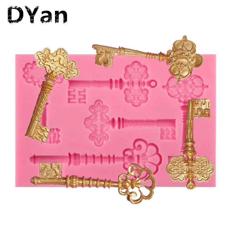 

European Classical Metal Key DIY Fondant Biscuit Cake Baking Cup Silicone Mold 5 Hole with Value Pack A508